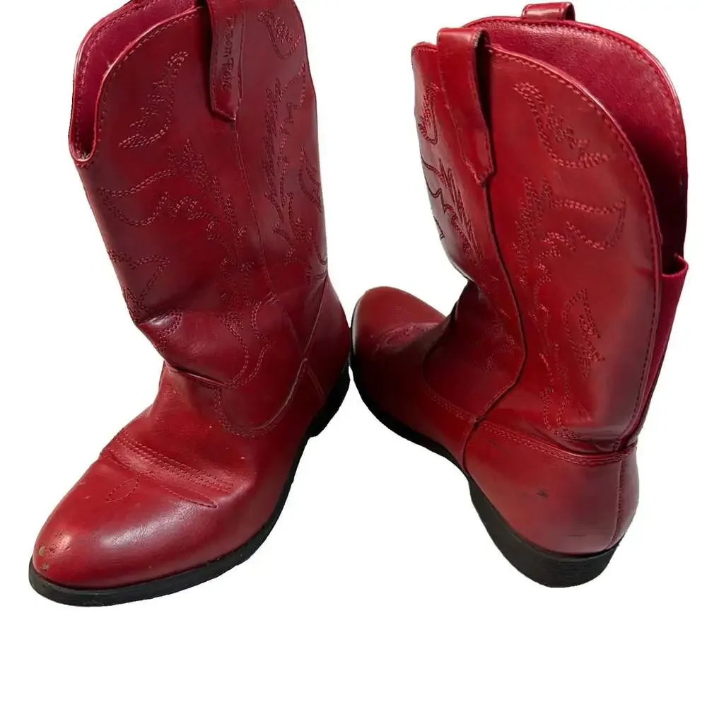 Dream Pairs Kids Red Cowboy Boots -Western Embroidered Mid-Calf US2Y/EU33.5/ UK1